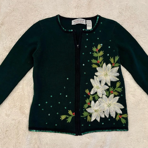 Tiara International Tops - Holiday poinsettia sweater jacket